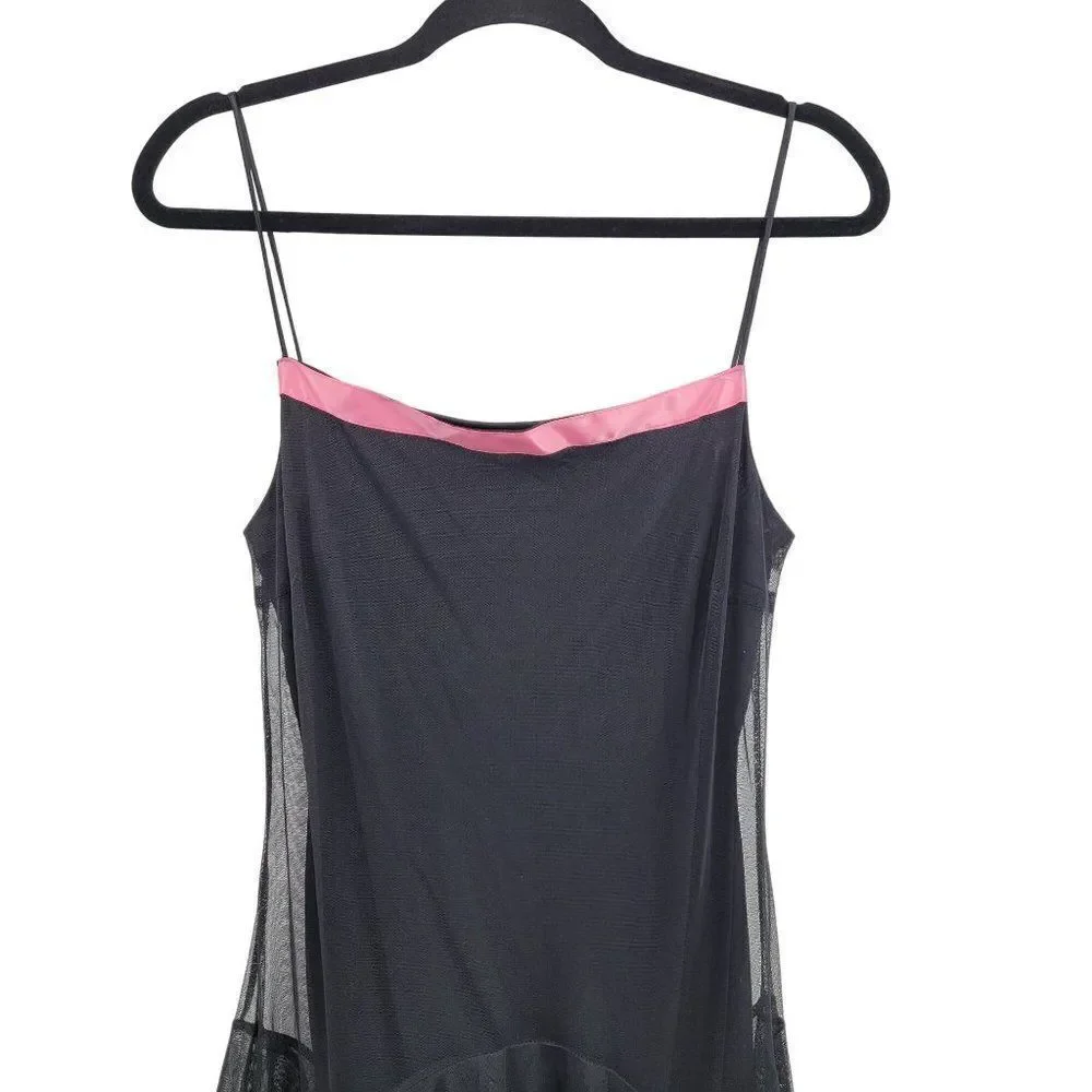 Vintage 90s Midi Dress M Black Mesh Overlay Pink Ribbon Trim Scarf Hem Goth - Picture 7 of 13